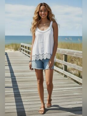 Roommates White Tank Top with Lace Trim